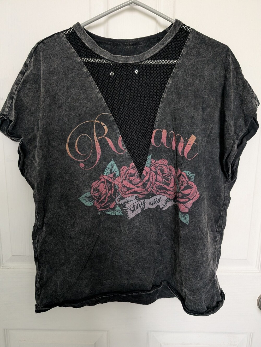 Women's Vintage Style Black Graphic Tee with Mesh Detail
